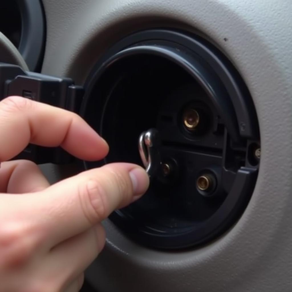 Inspecting a car charger port for damage and debris.