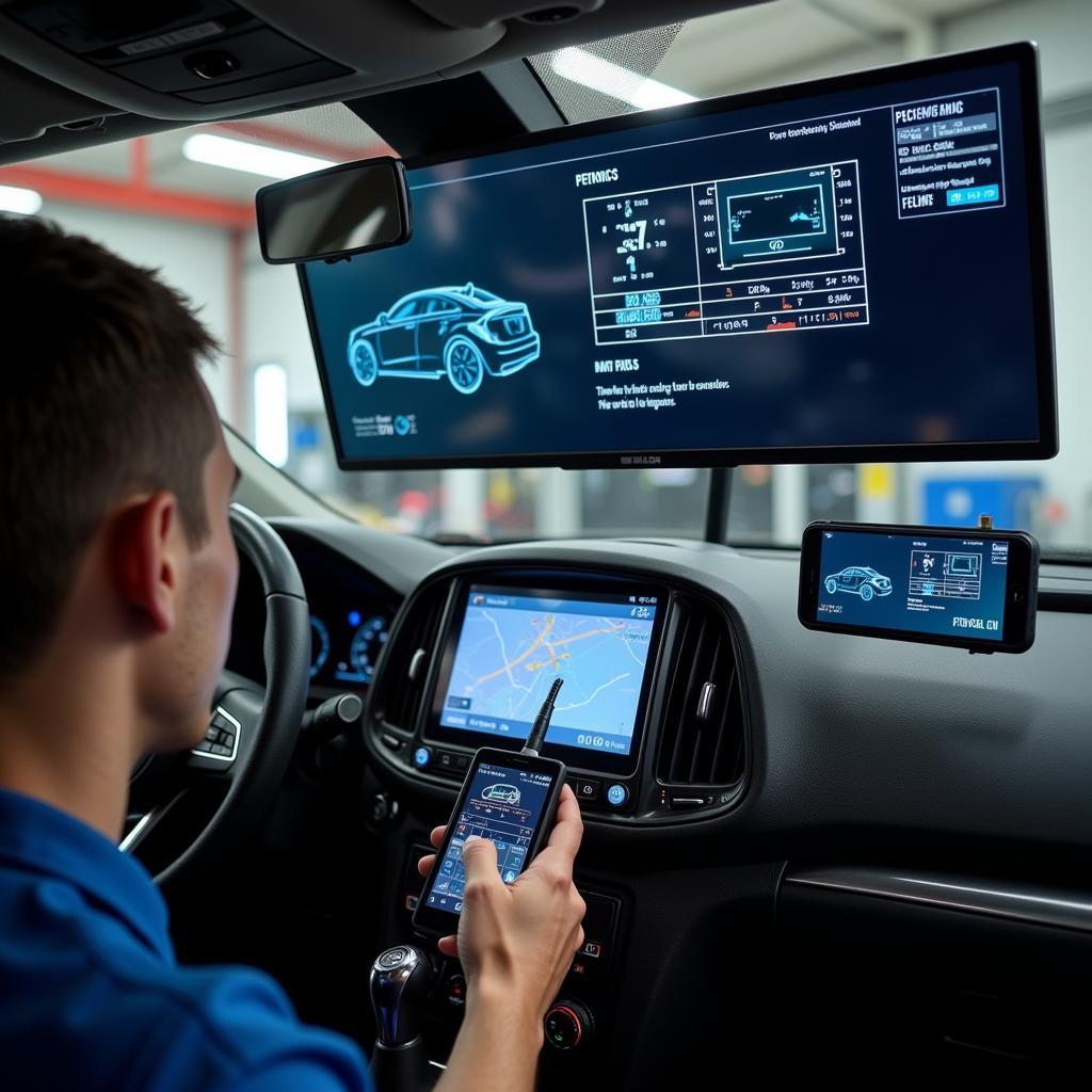 A user using diagnostic tools in a car fixing simulator.