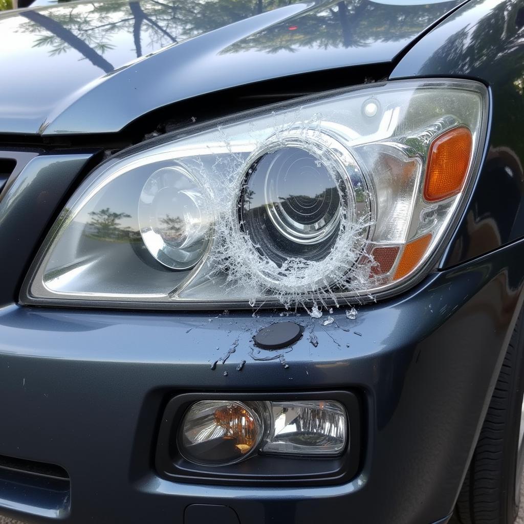 Car light damaged by a rock impact