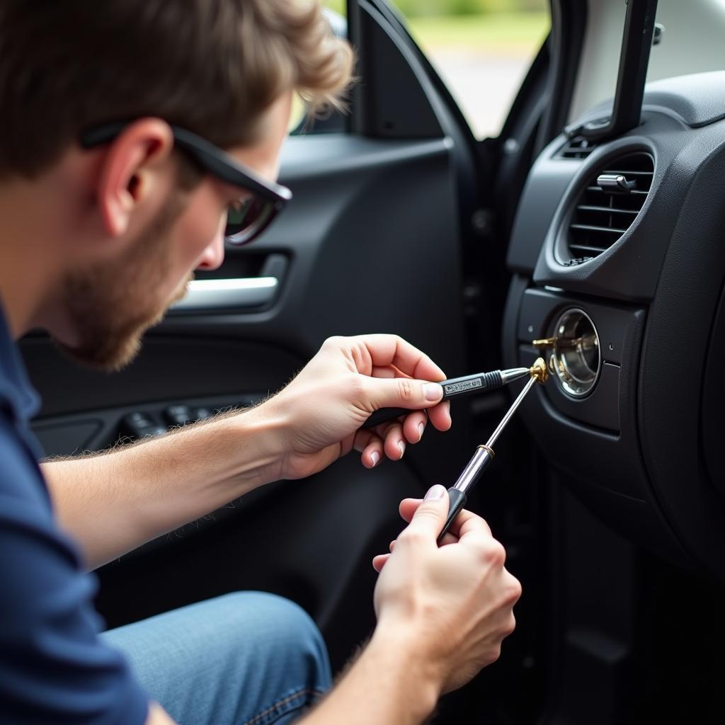 Car locksmith repairing a door lock