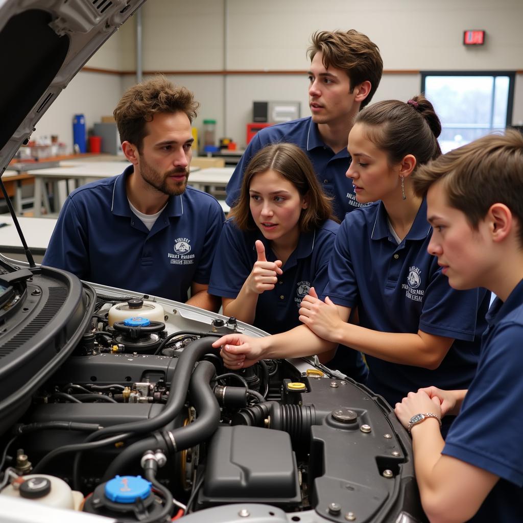 Students Working on a Car Engine in a Maintenance Class