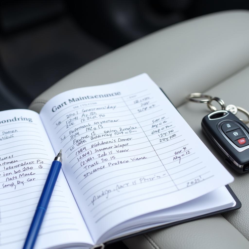 A car maintenance logbook with entries