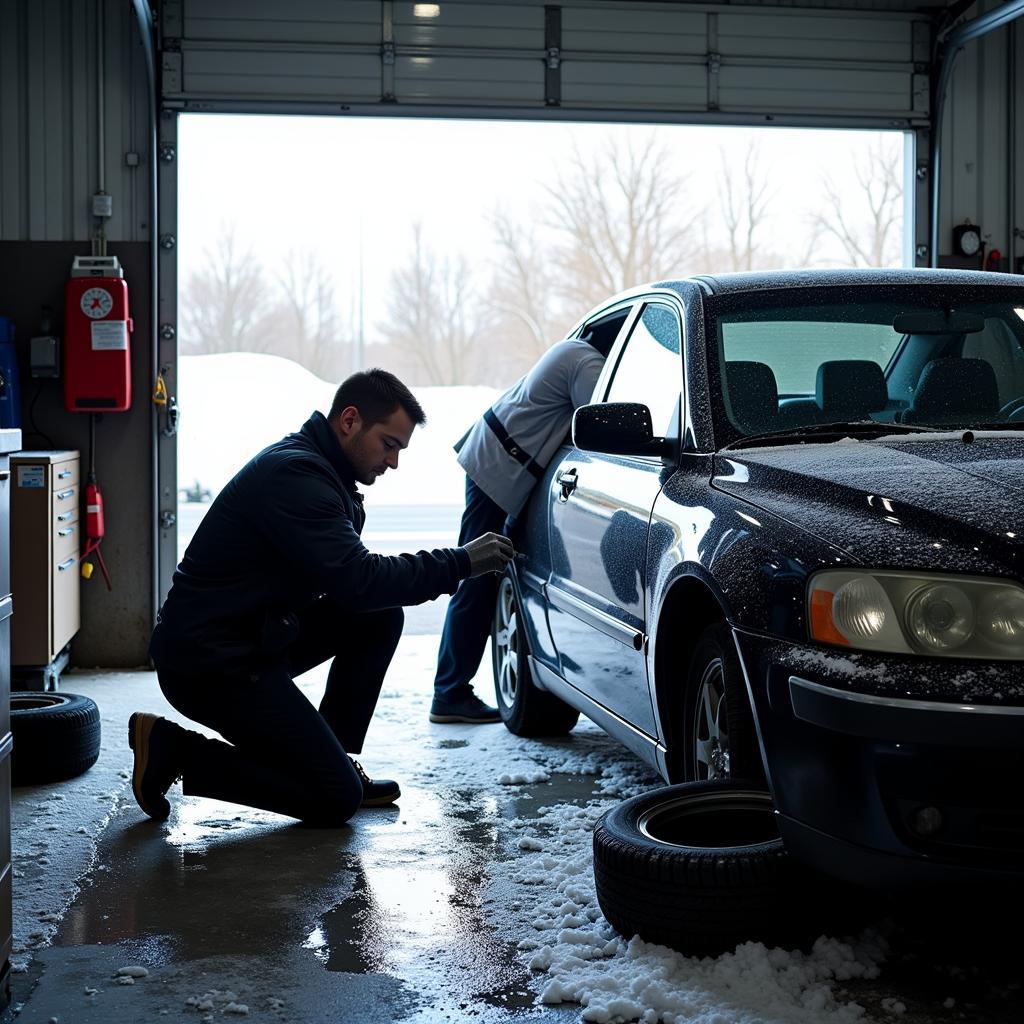 Car maintenance in Salt Lake City during winter, showing a car getting winter tires installed and fluids checked.