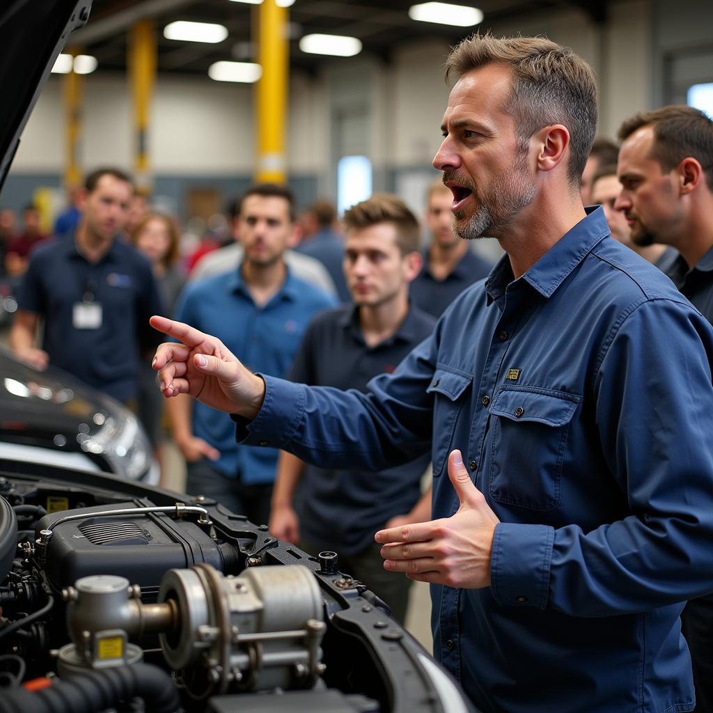 An instructor explaining engine components to students in an Indiana car maintenance trade school.