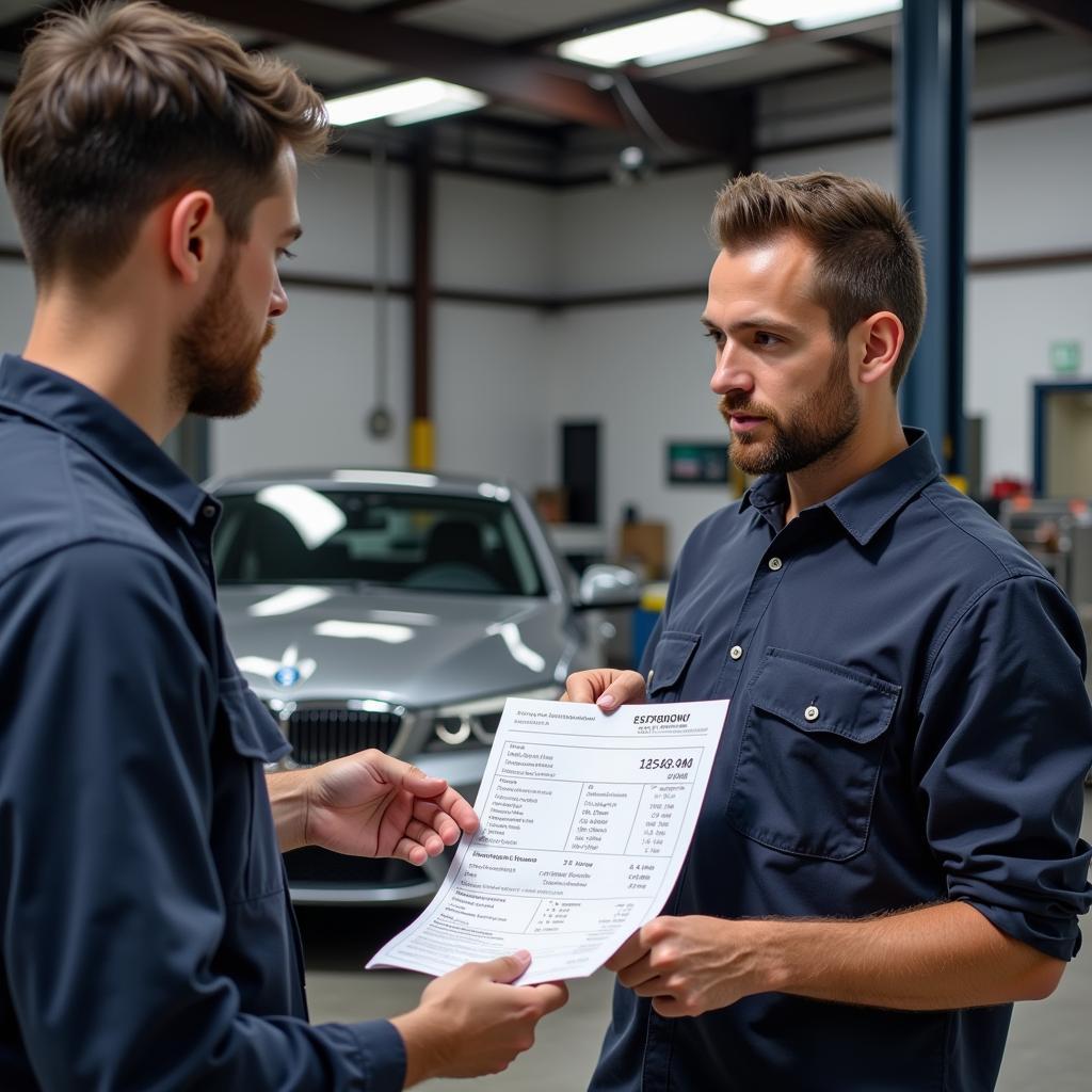 Car owner reviewing repair estimate with a mechanic.