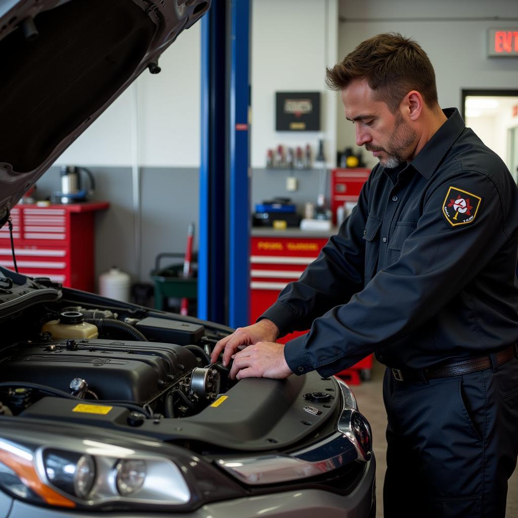 Car Repair in Raleigh NC: A mechanic working on a car engine in a Raleigh auto repair shop.