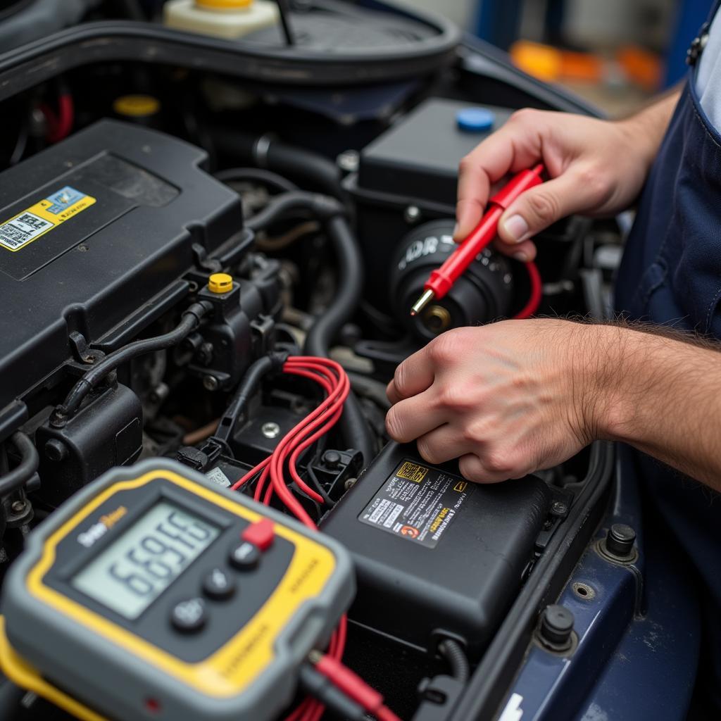 Car Starter Troubleshooting Tips: A mechanic using a multimeter to test the voltage of a car battery and checking the connections to the starter motor.