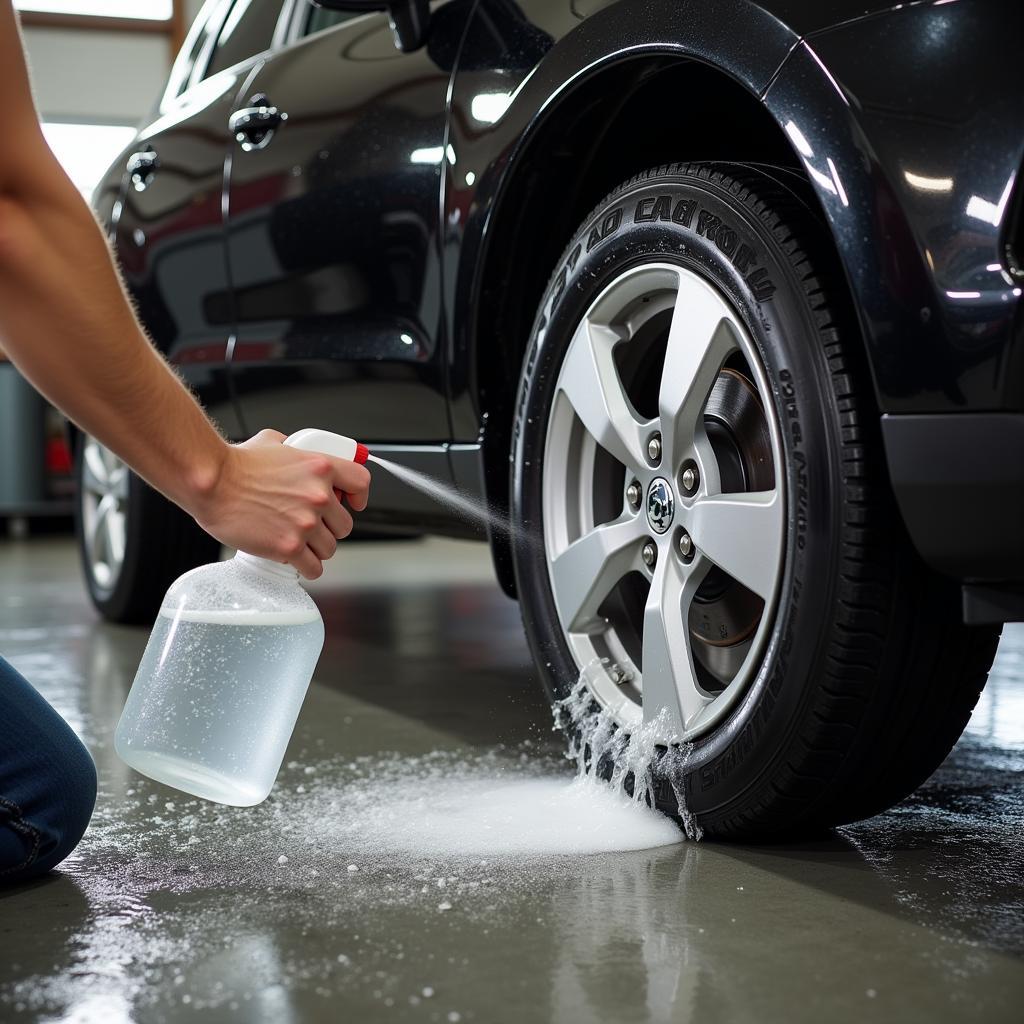 Performing the soapy water test on a car tire to detect a slow leak