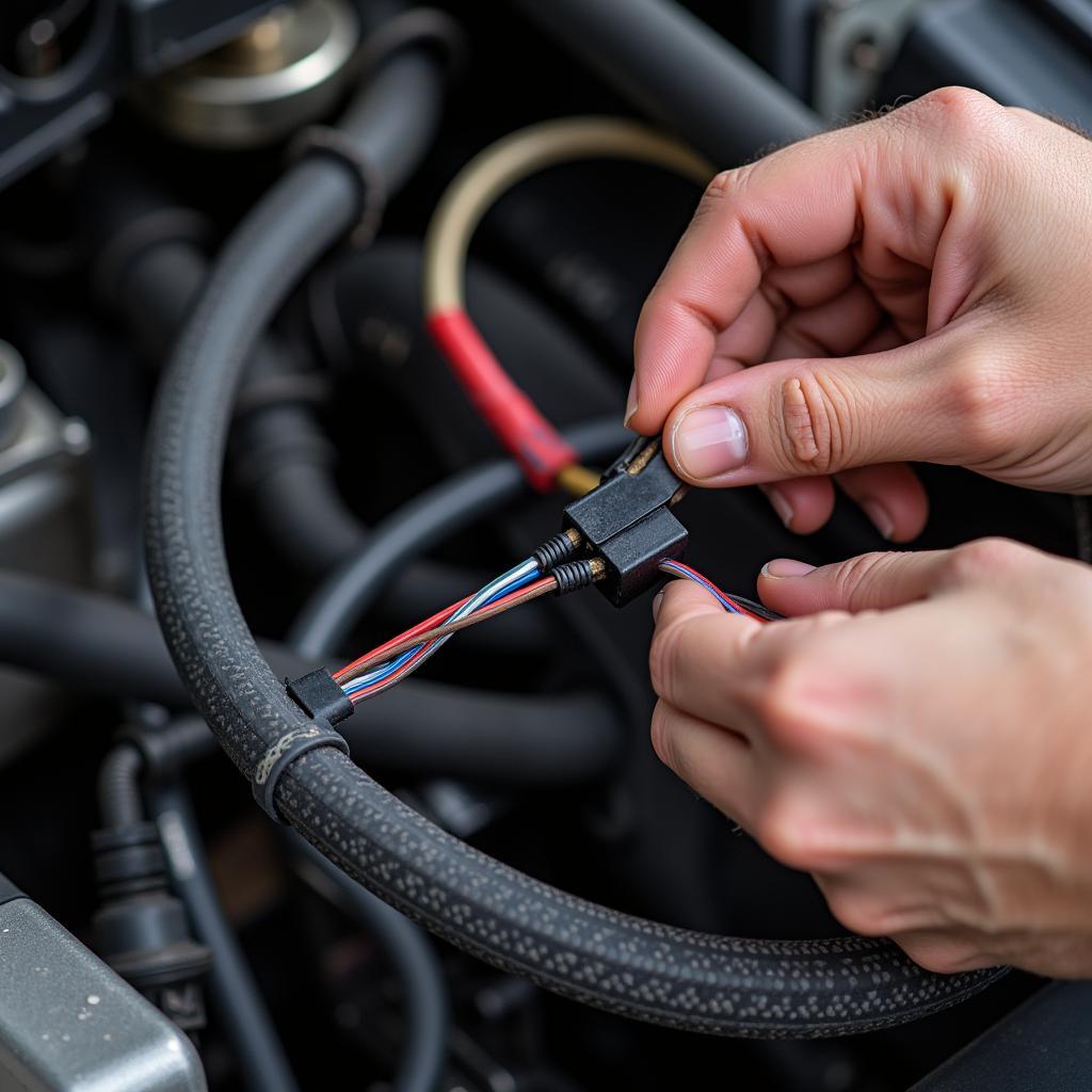 Inspecting a car wiring harness for damage and corrosion as part of car fix tapw.