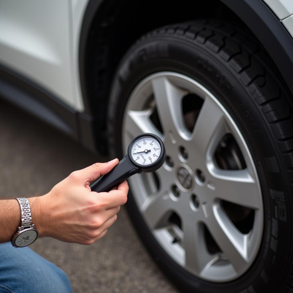 Checking Tire Pressure on a Compact Car