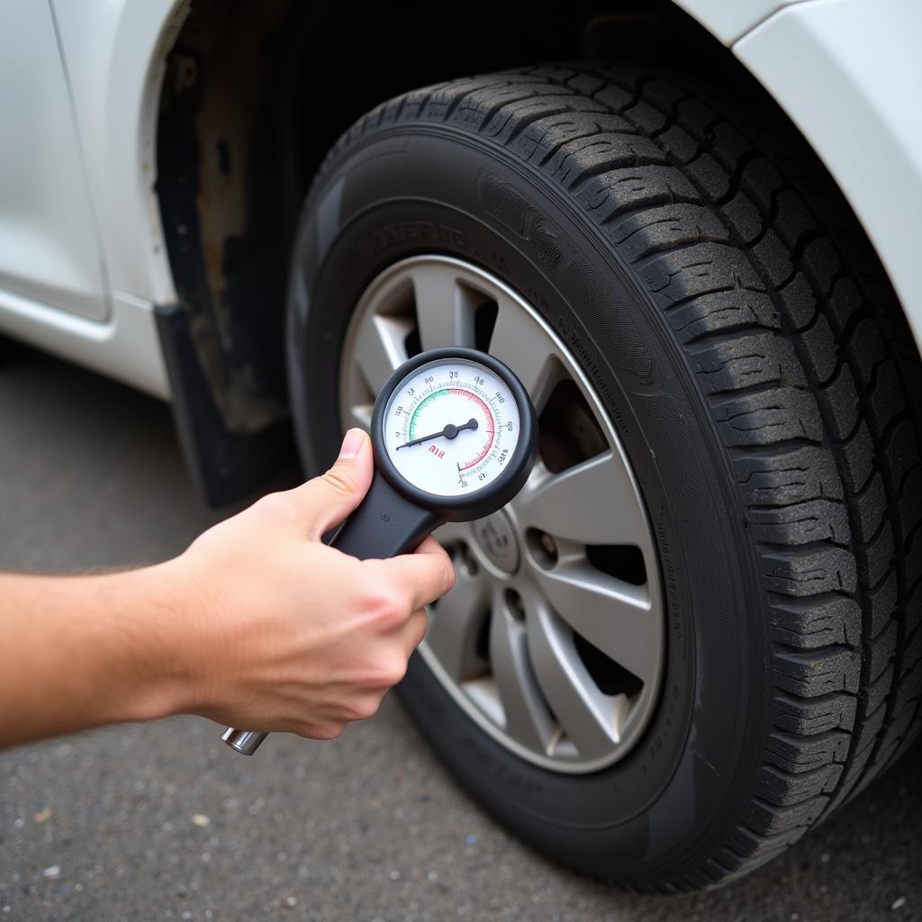 Checking Tire Pressure on a Neglected Car