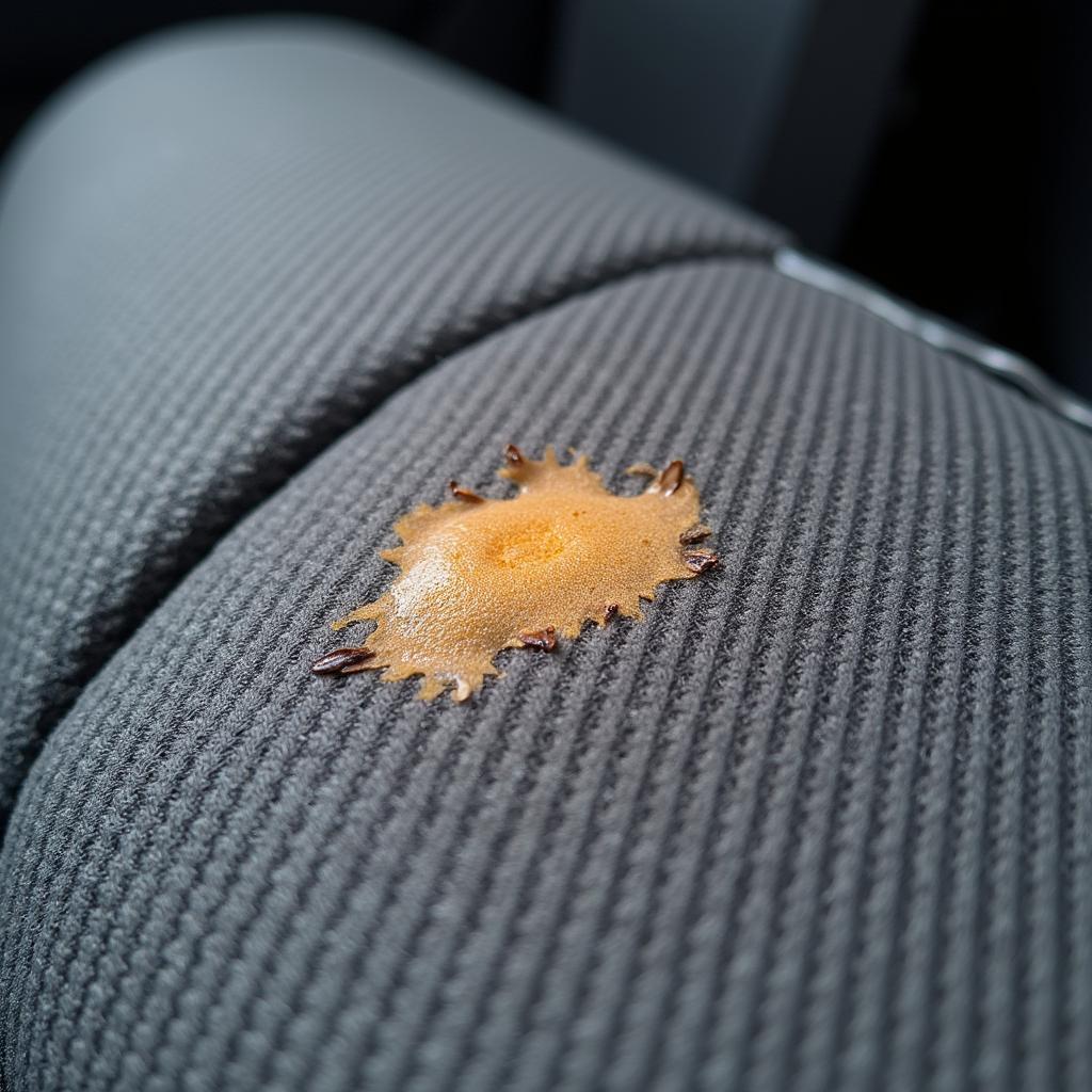 Close-up of a cigarette burn on car upholstery