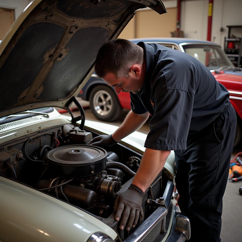 Inspecting the Engine of a Classic Car Fixer-Upper