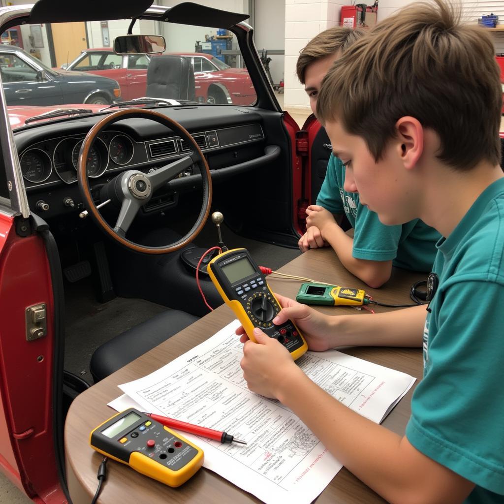 Students working on the electrical system of a classic car