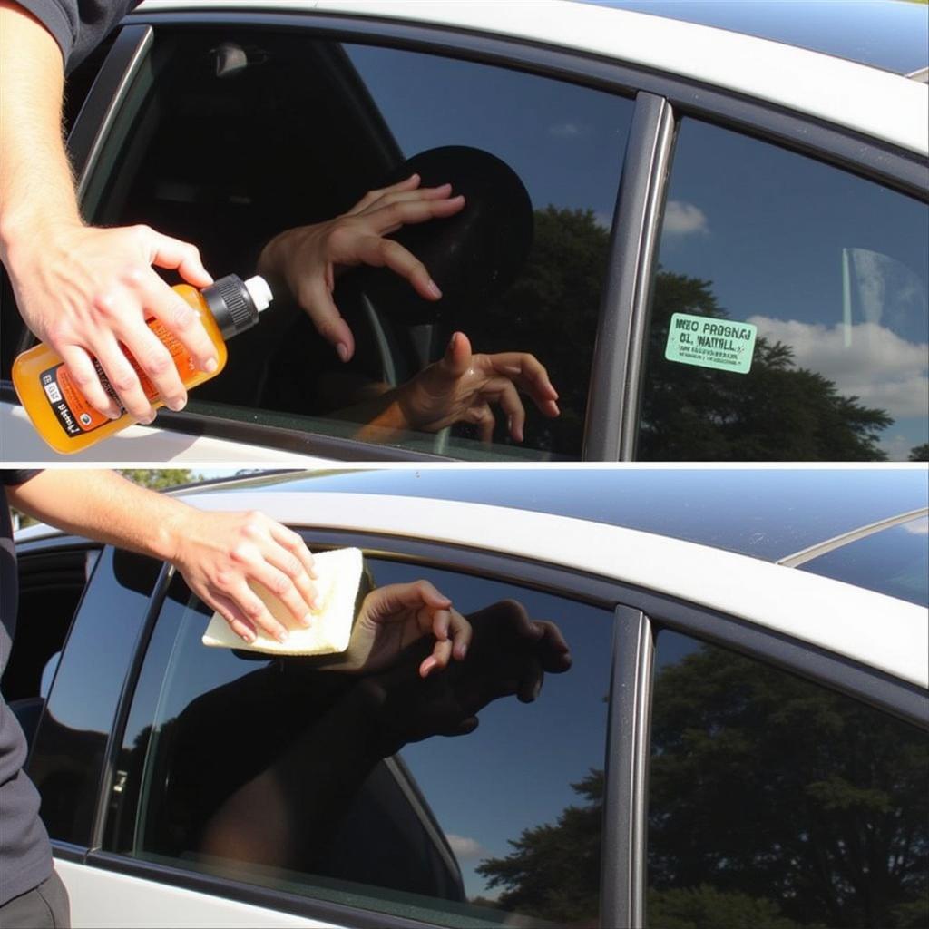 Cleaning tinted car windows with specialized cleaning solution and microfiber cloth