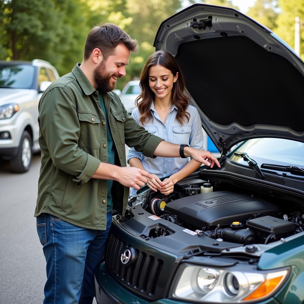 Couple Examining Car Engine Together