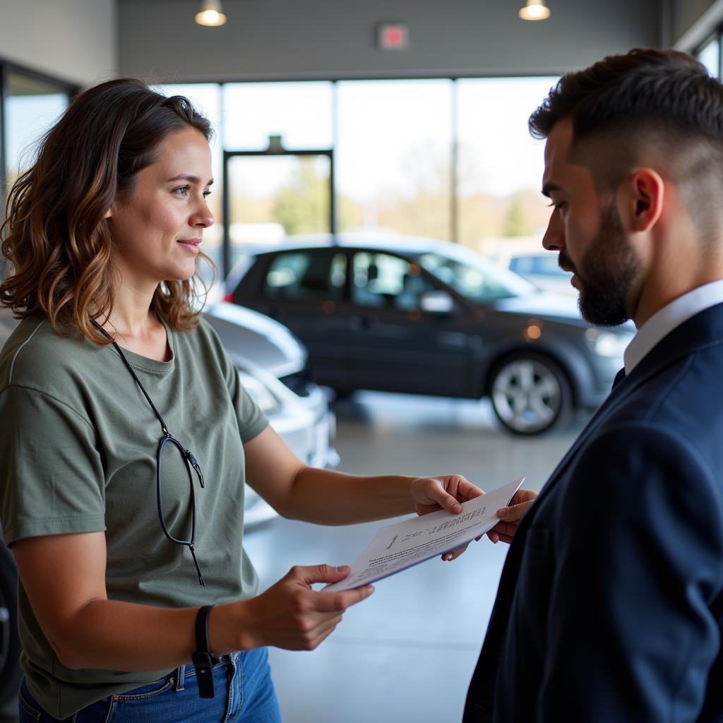 Customer discussing car repair issues with service advisor at dealership