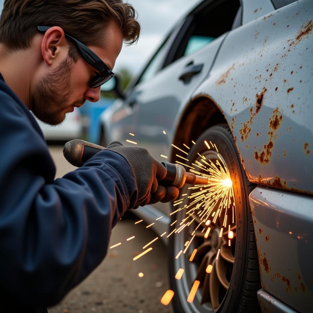 Cutting out a rust-affected area on a car