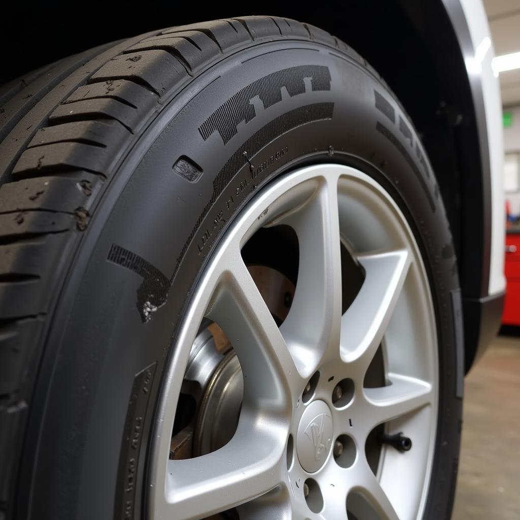 Close up of a damaged car rim showing scratches and curb rash