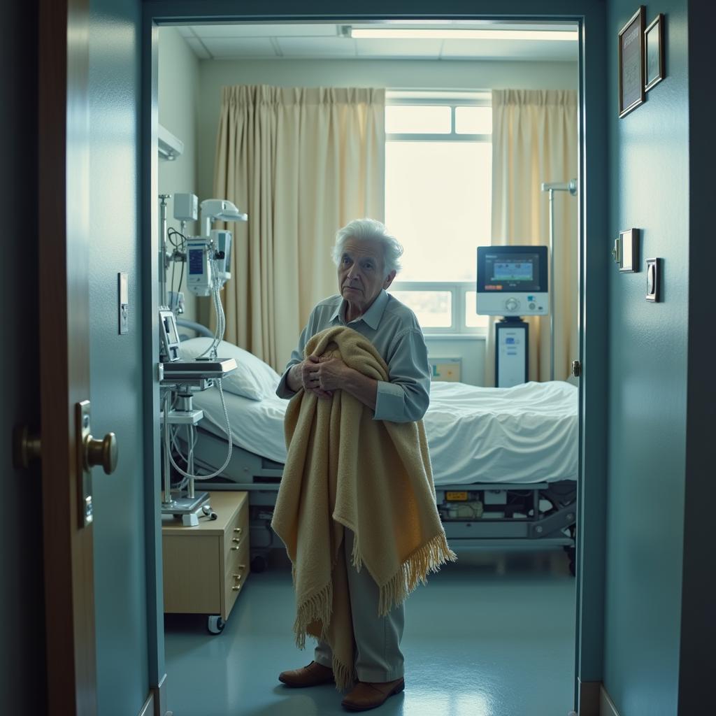 A dementia patient looking confused in a hospital room