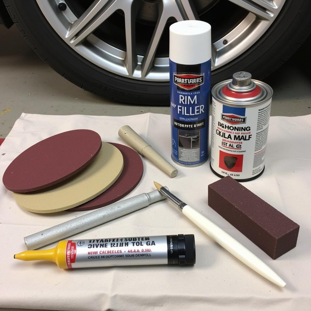 DIY car rim repair kit with sandpaper, filler, primer, and paint