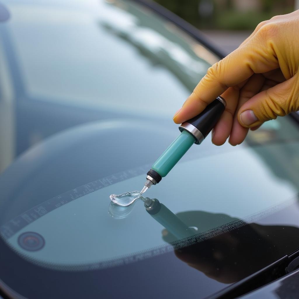 DIY Windscreen Repair Kit: Applying resin to a small chip on a car windscreen.