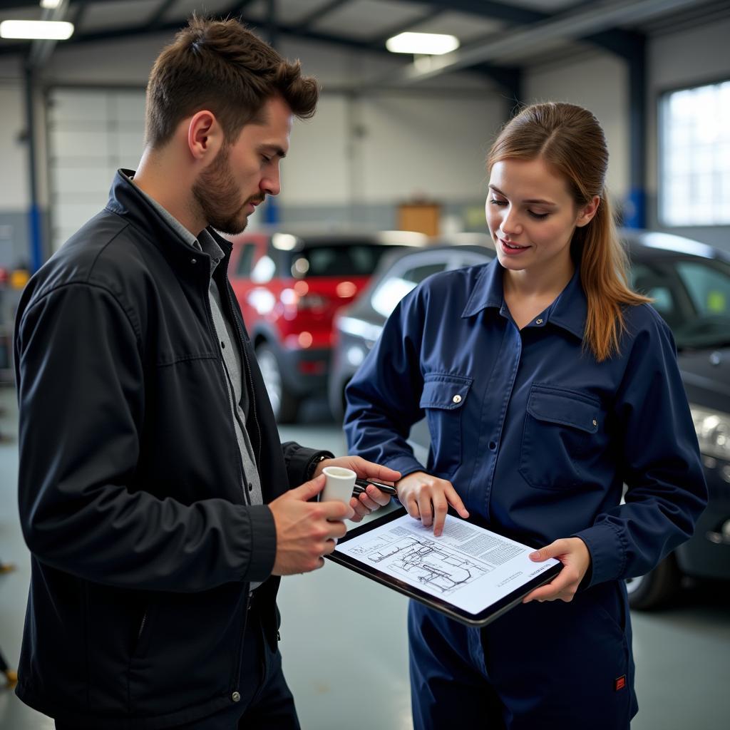 Female Mechanic Explaining Car Issue to Customer