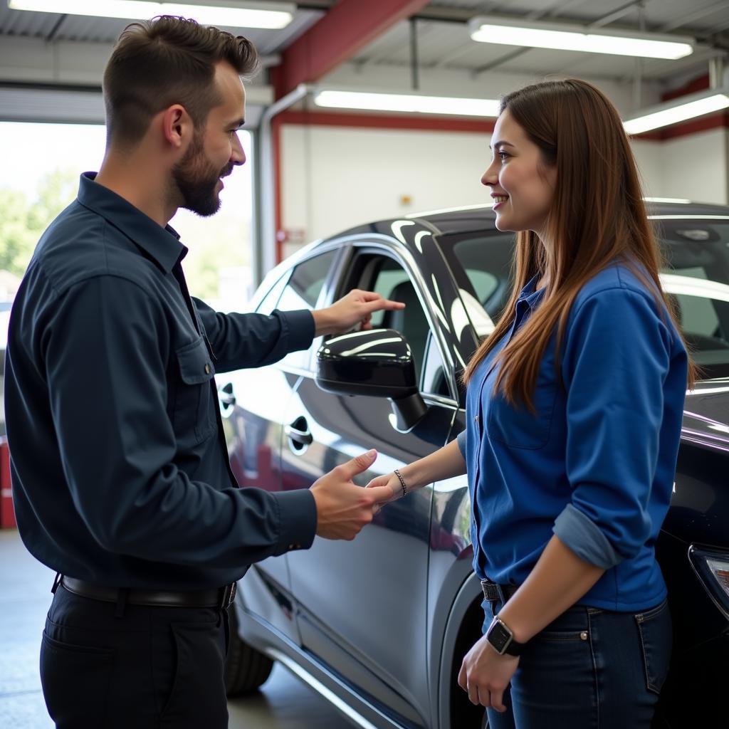 Customer consulting with a technician at a fix dent car shop