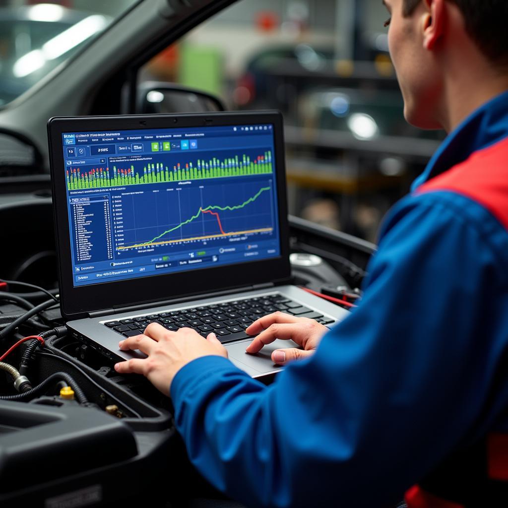 Mechanic using laptop for car diagnostics