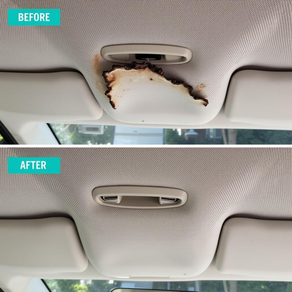 After image of a cigarette burn repair in a car ceiling