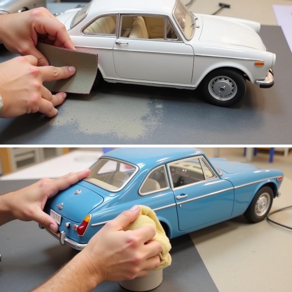 Fixing paint problems on a model car by sanding and polishing.