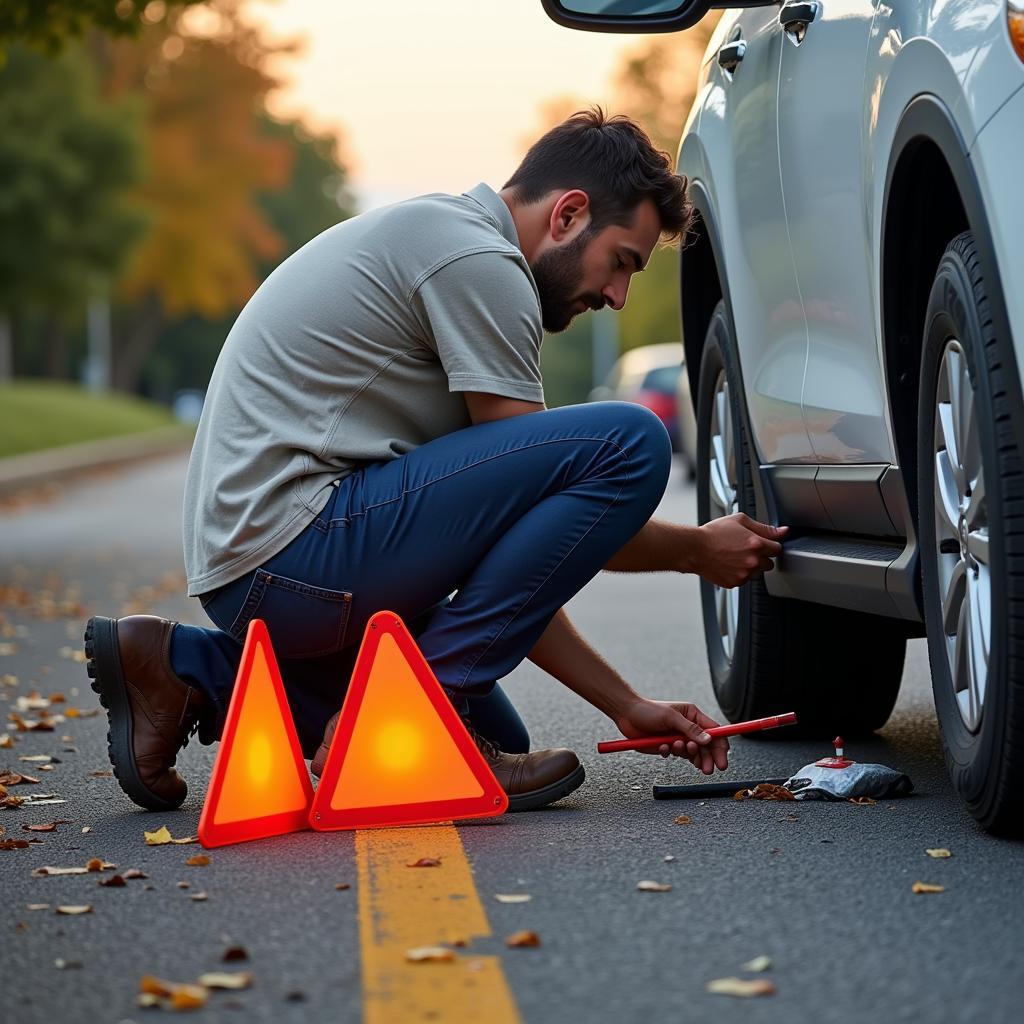 Changing a flat tire on the side of the road