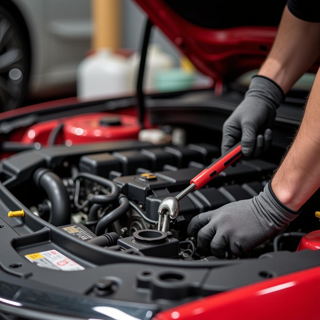 Mechanic Working on a Red Car's Engine