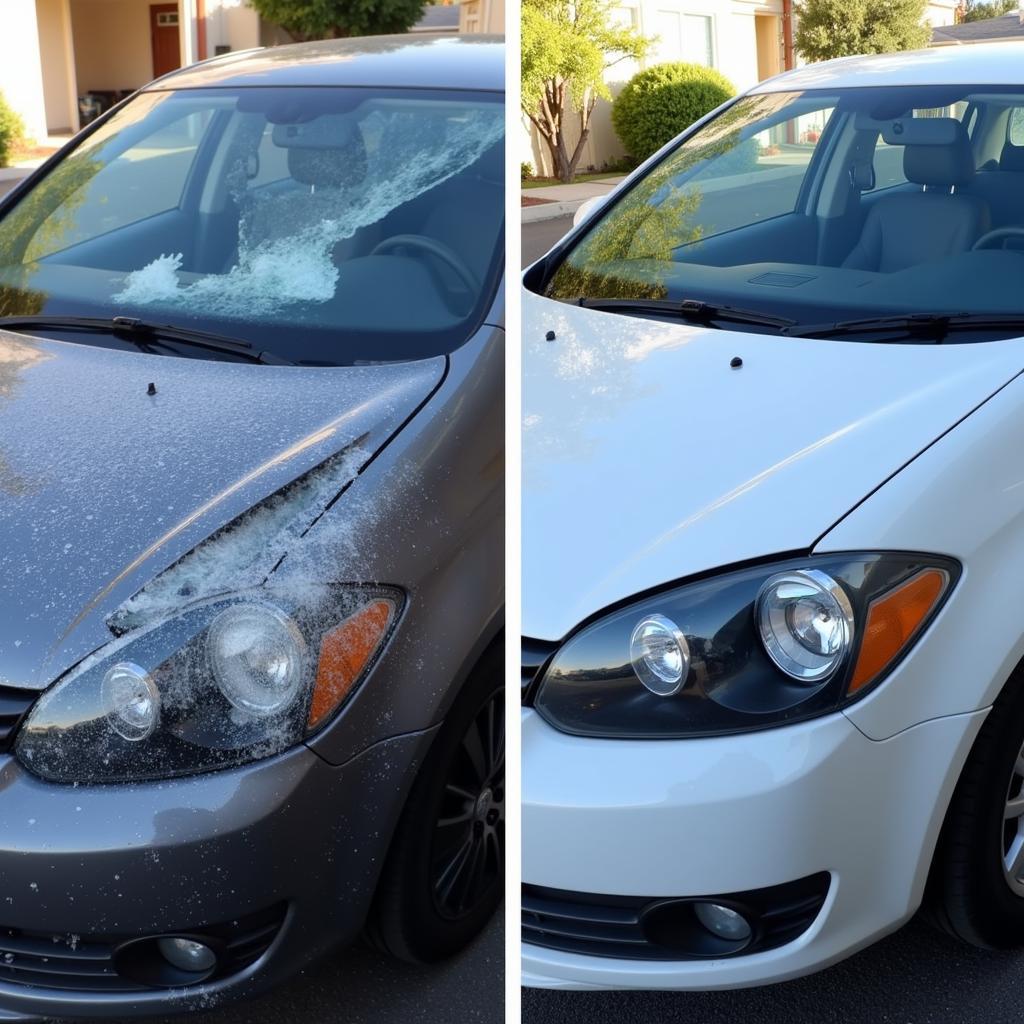 Before and after images of a hail damaged car