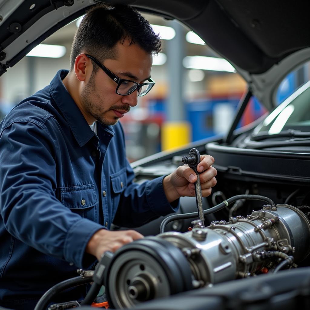 Mechanic Inspecting a Hybrid Car Transmission