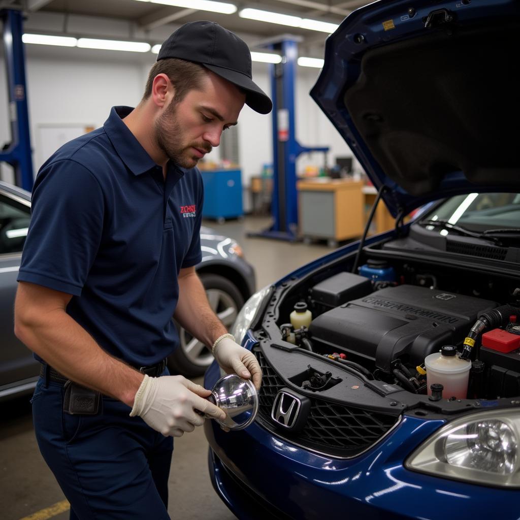 Independent Mechanic Installing Aftermarket Part on a Honda