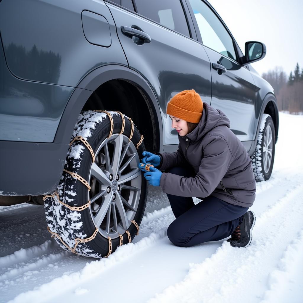 Installing snow chains for improved car traction in winter.