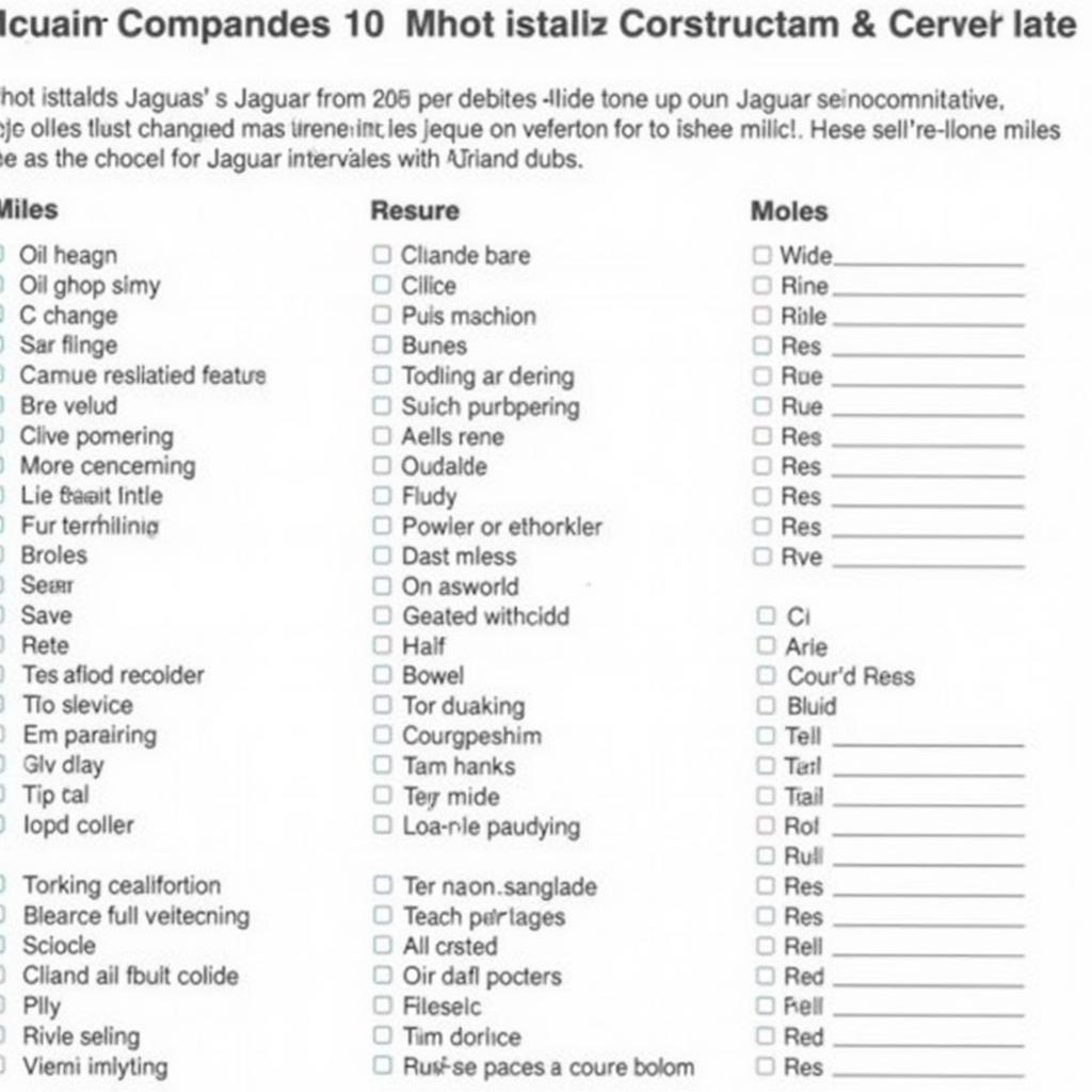 Jaguar Preventative Maintenance Checklist