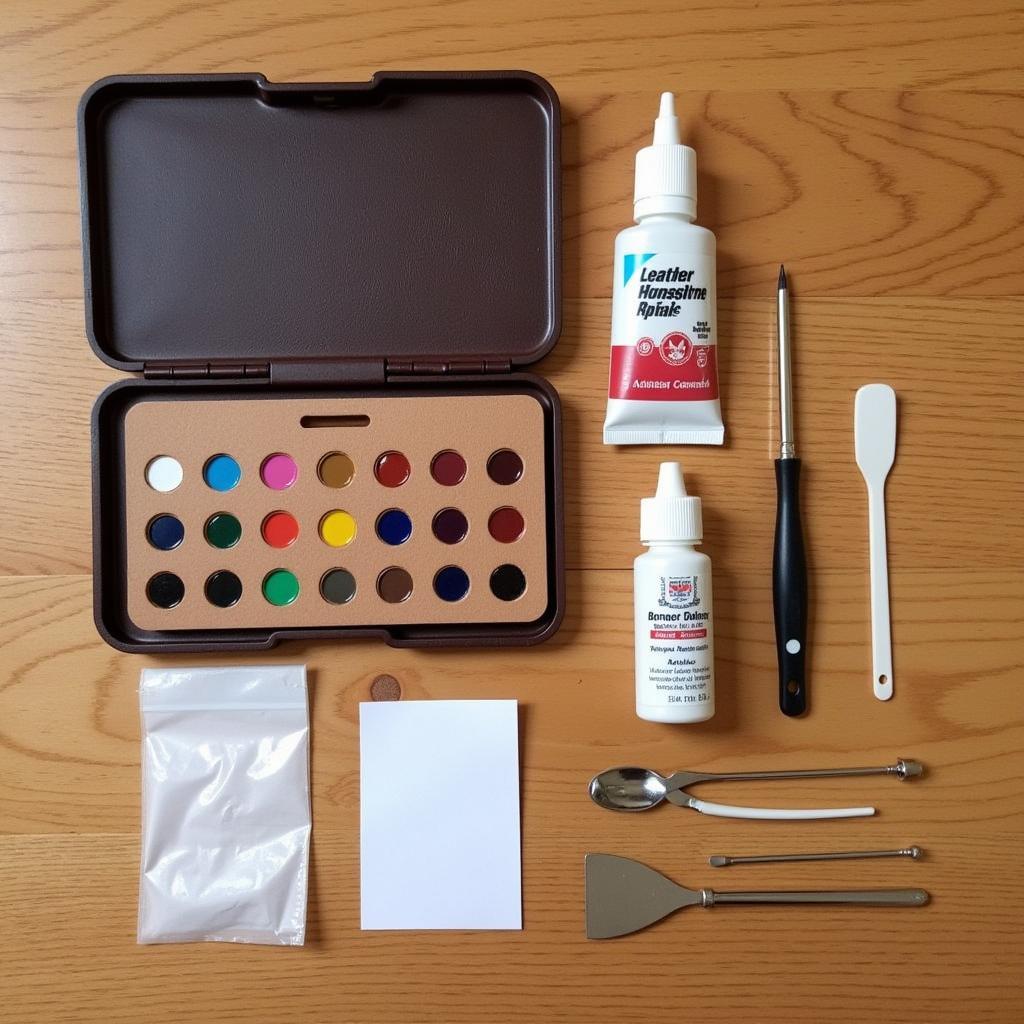 Contents of a leather repair kit laid out on a table