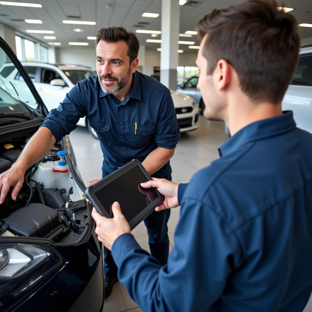 Manufacturer representative inspecting a car with a technician