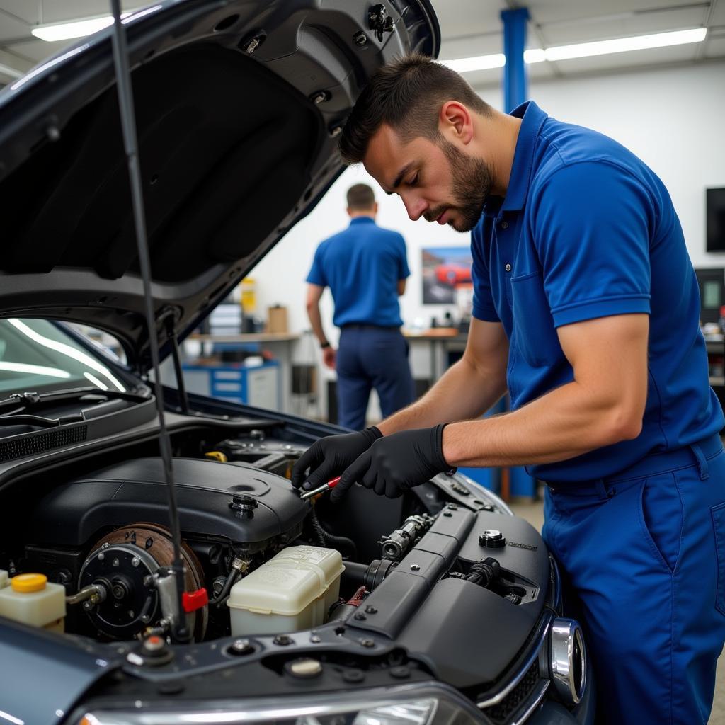 Mechanic performing a pre-road trip car inspection