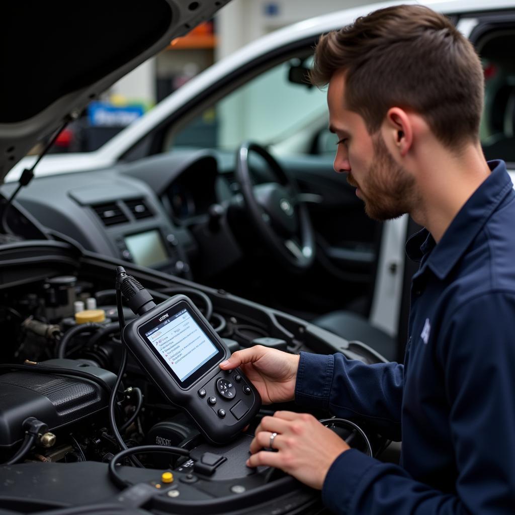 Mechanic using a diagnostic tool to check car maintenance icons.