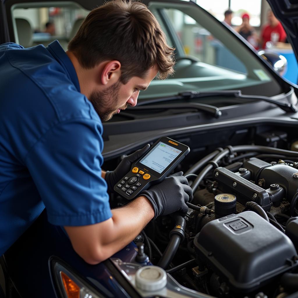 Mechanic Inspecting a Car Engine for Problems