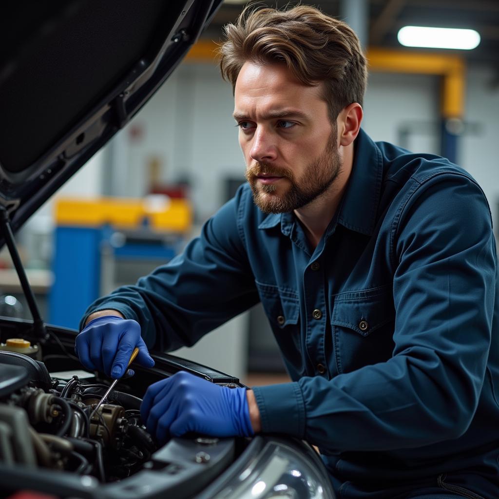 Mechanic Inspecting Car Engine