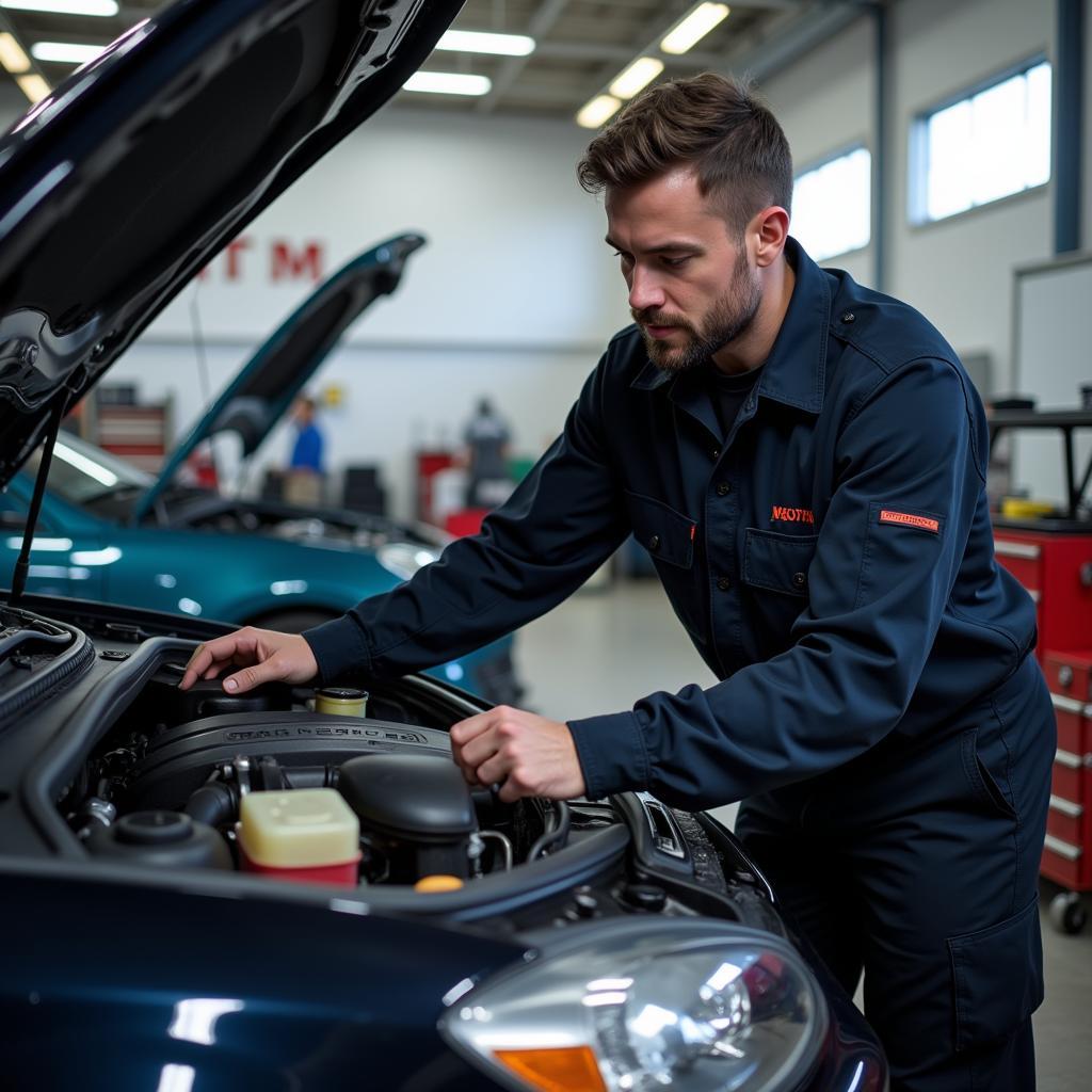 Mechanic Inspecting Car in Repair Shop