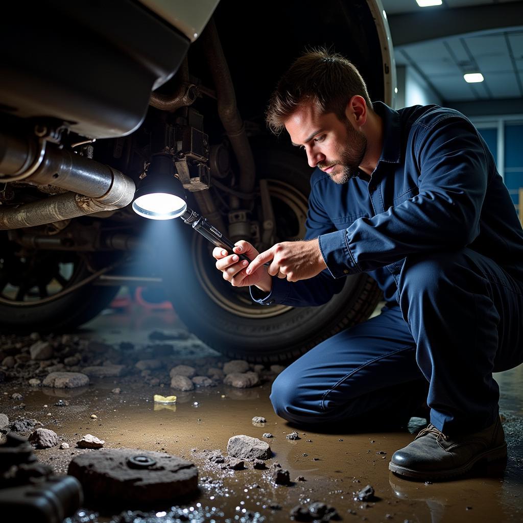 Mechanic Inspecting Flood Damaged Car