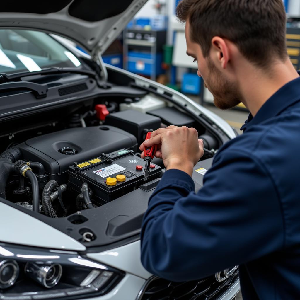 Mechanic Inspecting Hybrid Battery