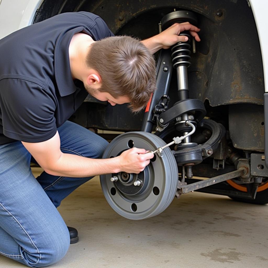 Mechanic replacing a car's rack and pinion assembly