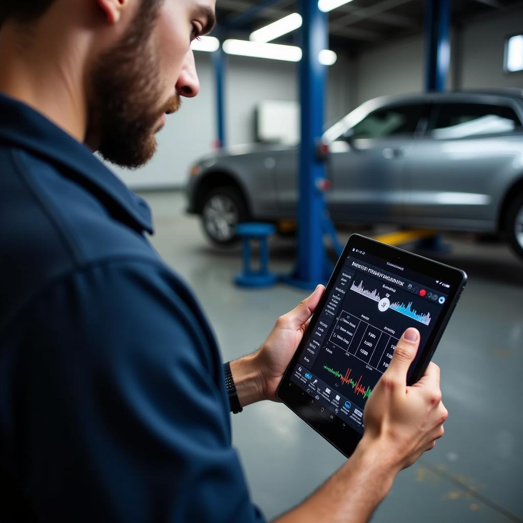 Mechanic diagnosing a car using a diagnostic app on a tablet