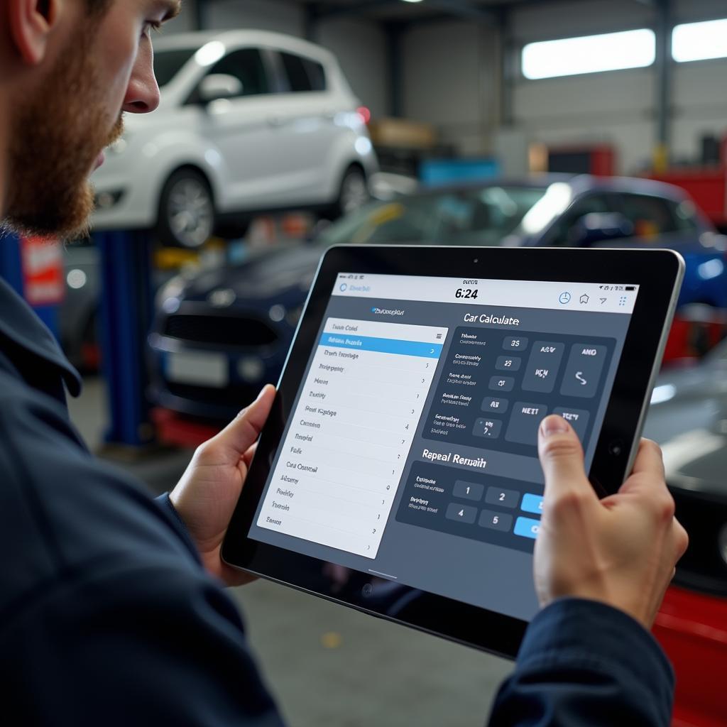 Mechanic Using a Car Fix Calculator on a Tablet